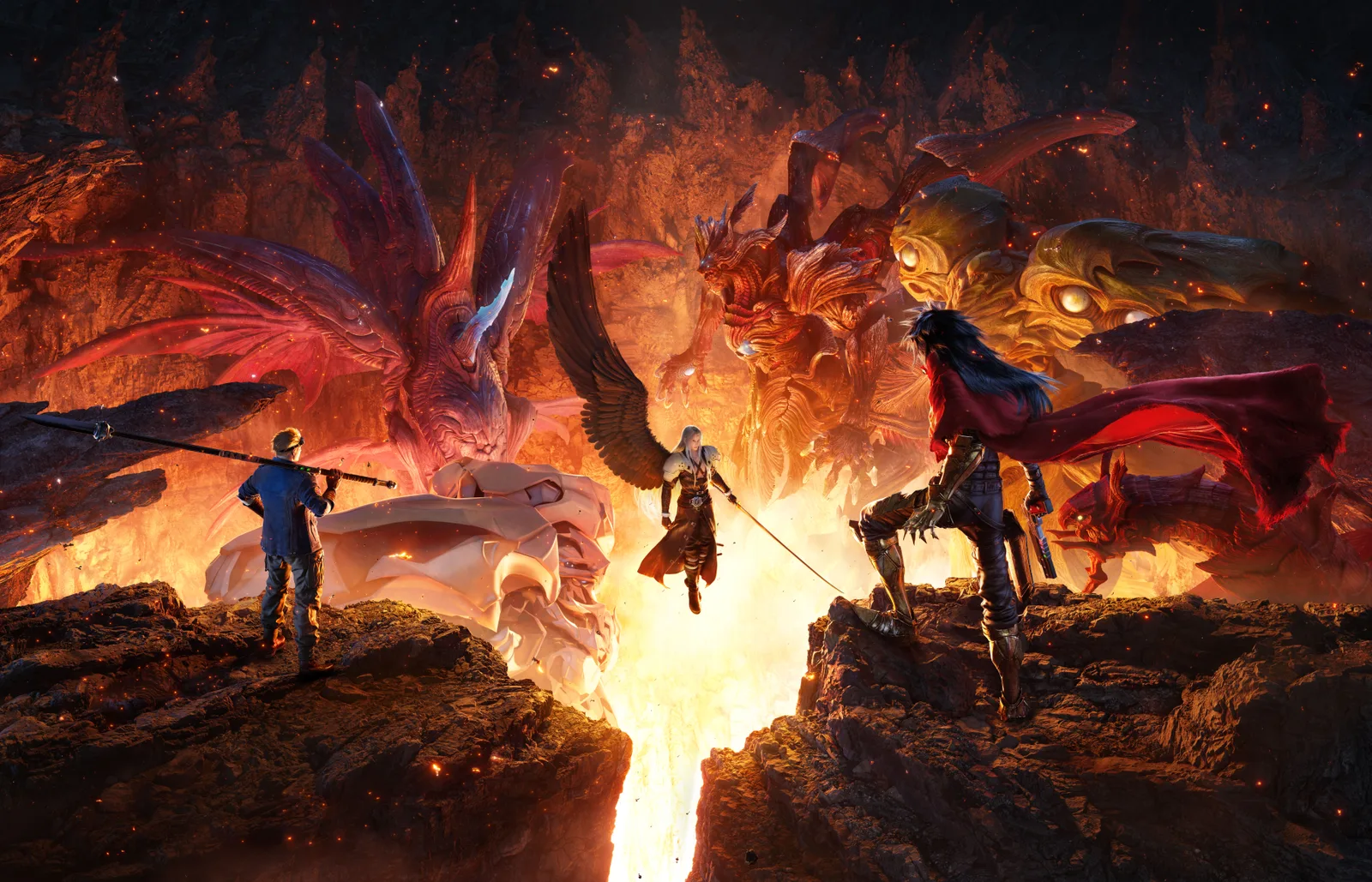 Promotional artwork for the Final Fantasy VII Remake trilogy, showing Cloud and allies across scenes from Remake, Rebirth, and Revelation.